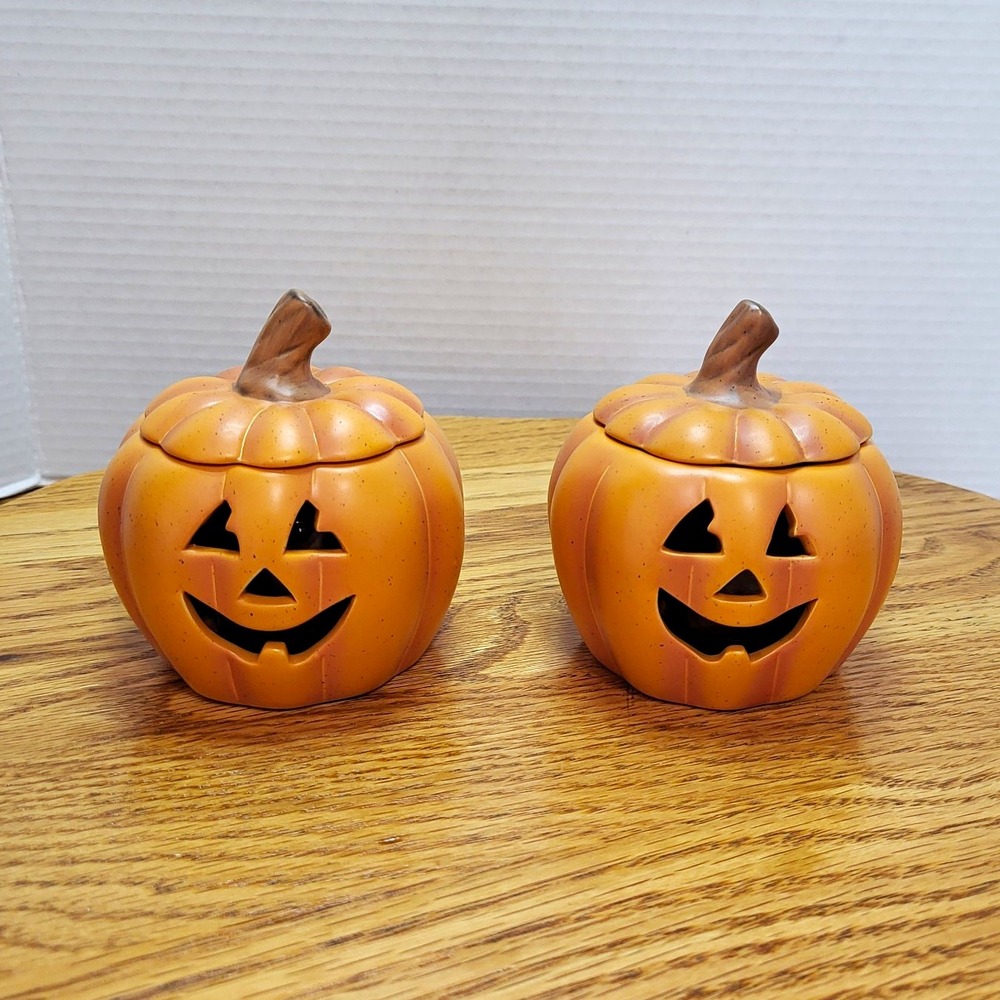 PartyLite Ceramic Orange Pumpkin Jack-o'-Lantern Votive Candle Holders Set of 2